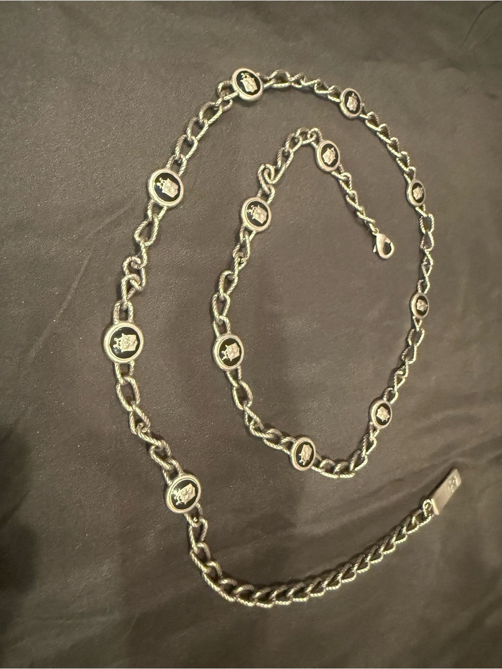 Audrey Talbott Carmel Silver Chain Belt Black Enamel Medallions Vintage